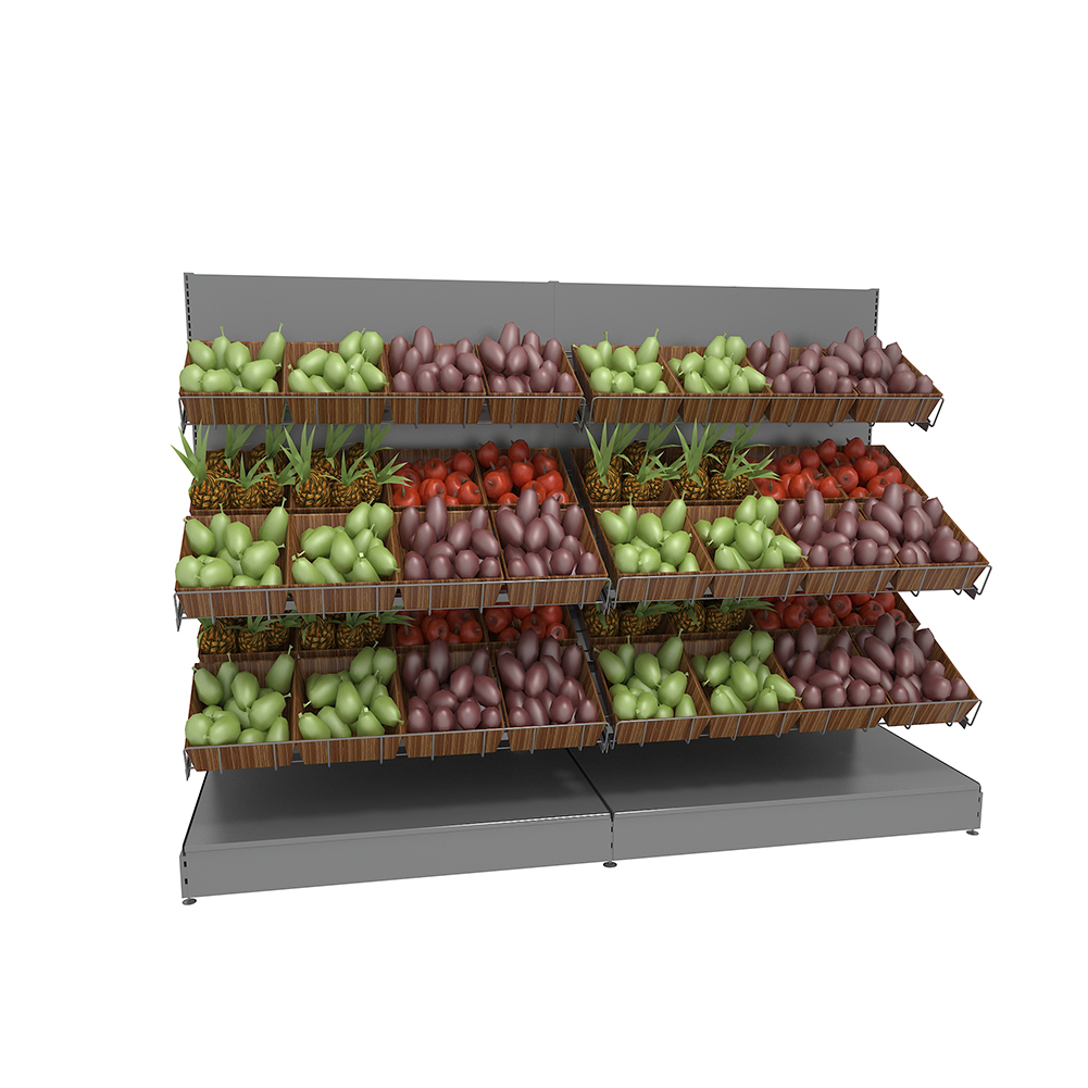 Estante metálico de unidad de pared para exhibición de frutas y verduras en supermercado