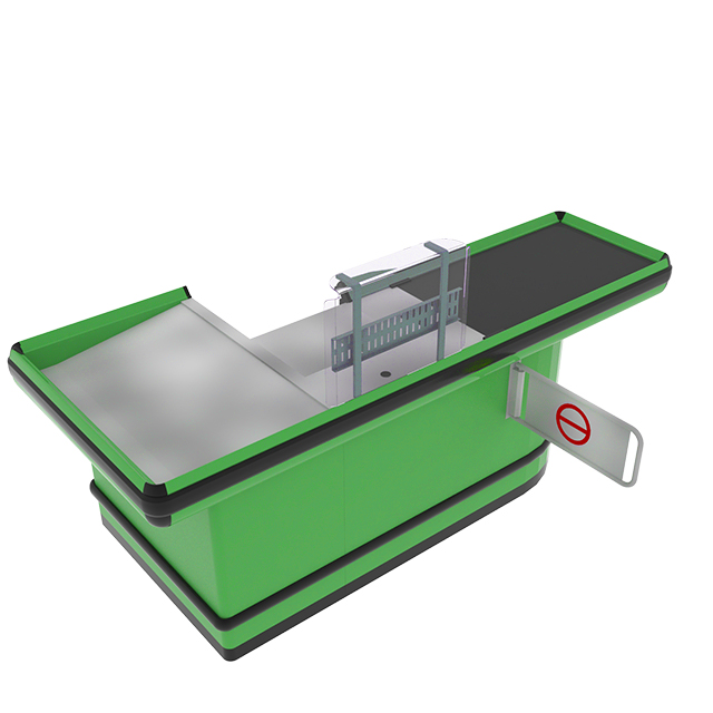 Mostrador de caja con cinta transportadora y plataforma