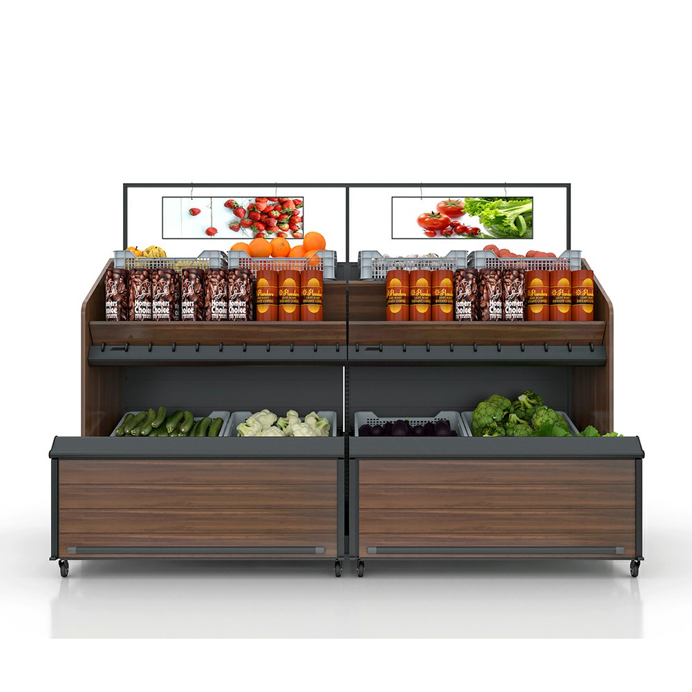 Unidad de pared expositora de frutas y verduras con espacio de almacenamiento en cajones