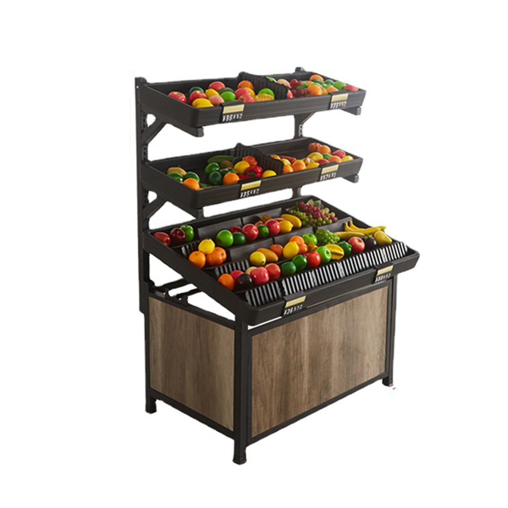 Estante de frutas y verduras de metal y madera para supermercado